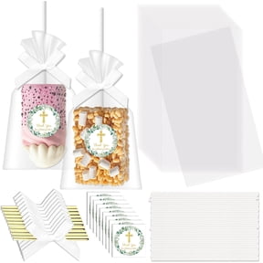 YANTONG Clear Rice Treat Bags - 100 Sets Clear Rice Krispie Treat Bags Kit with Ribbon Bow Thank You Stickers Sticks Flat Cellophane Candy Bag for First Communion Baptism Favors Christian Gift