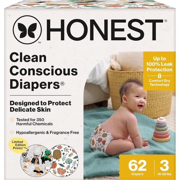 YANTONG Comfort Dry Disposable Diapers for Sensitive Skin, Hypoallergenic, Fragrance-Free, Fall '25 Seasonal Prints, Club Box, Size 3 (16-28 lbs), 62 Count