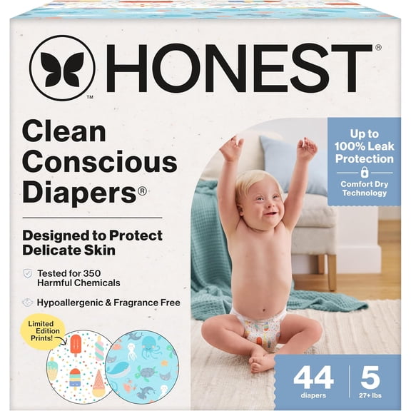 YANTONG Comfort Dry Disposable Diapers for Sensitive Skin, Hypoallergenic, Fragrance-Free, Summer '25 Seasonal Prints, Club Box, Size 5 (27 lbs), 44 Count