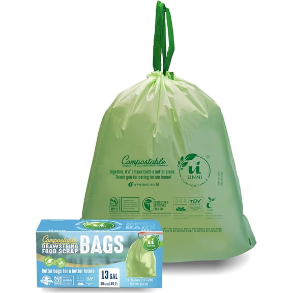 YANTONG Compostable Drawstring Bags, 13 Gallon, 49.2 Liter, 30 Count, Heavy Duty 1 Mil, Tall Kitchen Food Scrap Waste Bags, ASTM D6400, US BPI, CMA & Europe OK compost Certified, San Francisco