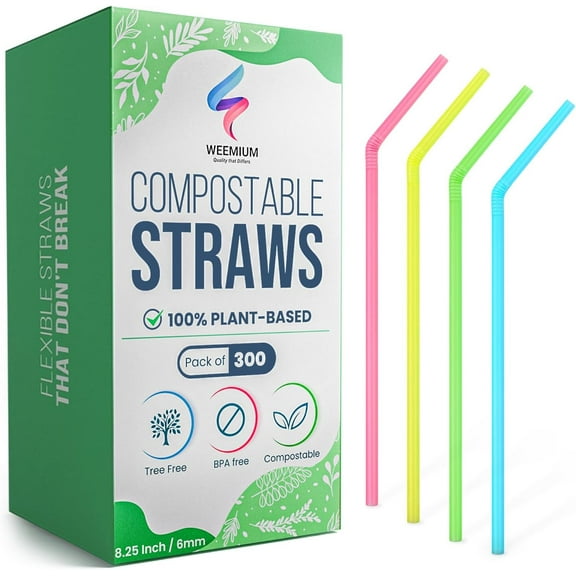 YANTONG Compostable Straws Disposable [300 Pack] 8.25" | 100% Plant-Based Plastic-free PLA, Disposable and Biodegradable | Flexible Colorful Drinking Straws are Best Alternative to Plastic