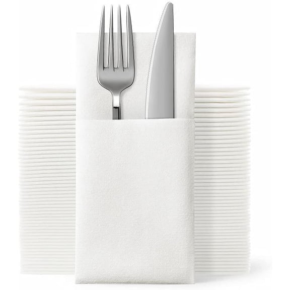 YANTONG Disposable Cloth Like Napkins, Built-in Flatware Pocket, Wedding Party Linen Feel White Napkin, Prefolded for Silverware,50 Count
