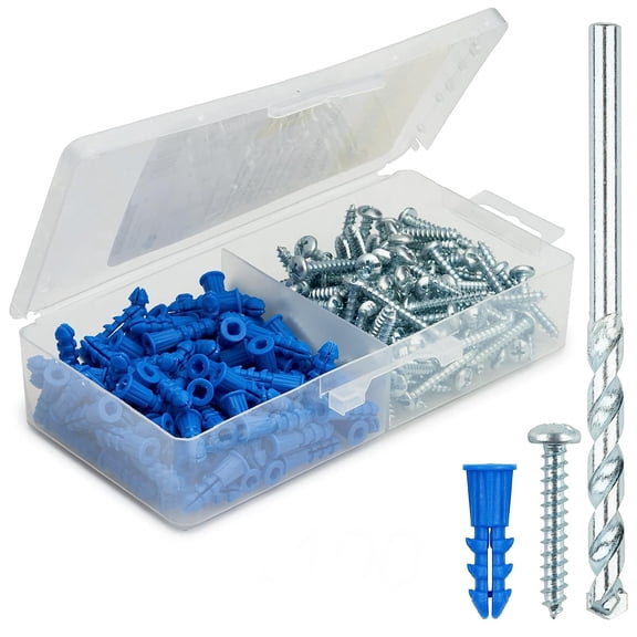 YANTONG Drywall Anchors and Screws Kit with Drill Bit 100 Anchors & 100 Screws for Drywall, Plastic Wall Anchors for Picture Frames, Shelves, Mirrors, Ribbed Design (10-12 x 1)