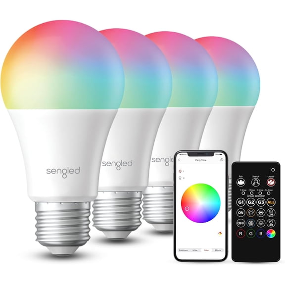 YANTONG Dual Mode Smart Light Bulbs with Remote & App Control, Color Changing Light Bulbs, RGBW LED Bulbs 2700K-6500K Dimmable, 60W, Local Group Control (4P+ 1 Remote, No Support Alexa & Google)