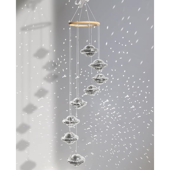YANTONG Hanging Disco Ball Sun Catcher Mobile,35 inch Planet-Inspired Mirror Ball Spiral for Sparkle Decor, Handmade Light Reflecting Ornament for Window, Boho Home, Porch Gift