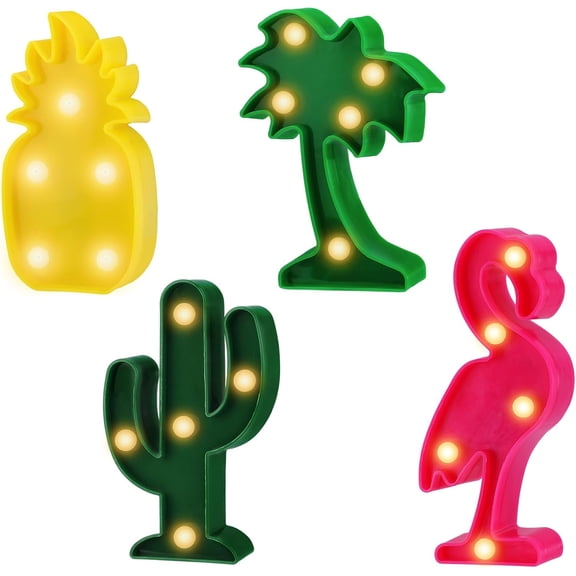 YANTONG Hawaiian Party Decorations Lights - 4 Shapes Flamingo Cacti Pineapple Palm Tree Mini LED Sign Lamps for Summer Beach Tropical Party Decor Supplies