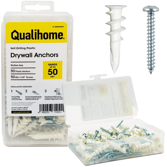 YANTONG Heavy Duty Plastic Self Drilling Drywall Anchors and Screws Kit | Includes 50 Drywall Anchors, 50#8 1-1/4 Inch Screws & Reusable Storage Case