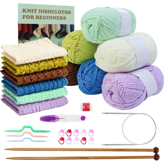 YANTONG Knitting Kit for Beginners,Learn to Knit Kit for 6 Patterns Dishcloth with Step-by-Step Instruction,Complete Knit Starter Kit -Including Yarn, Knitting Needle&Accessories
