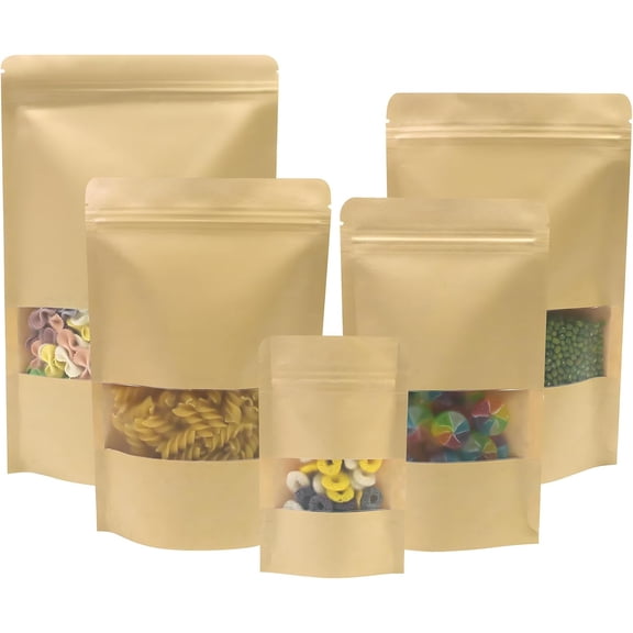 YANTONG Kraft Stand Up Pouches - 100Pcs Resealable Kraft Paper Stand Up Bags with Window, Zipper Disposable Food Storage Bags for Home or Business (100, 6x8.6inch)