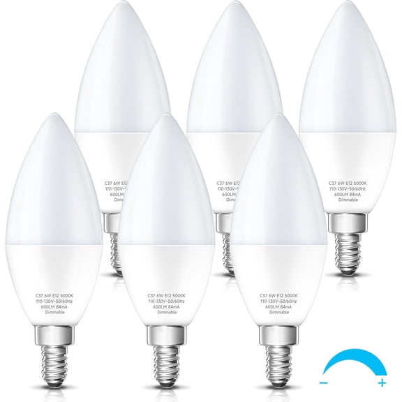 YANTONG LED Candelabra Light Bulbs Dimmable 60 Watt Equivalent, Daylight 5000K, 600LM, E12 Candle Bulb Base 6W Ceiling Fan Lightbulbs Type B Bulb for Chandelier, Wall Sconces, 6 Pack, 120VC3703DW6E12