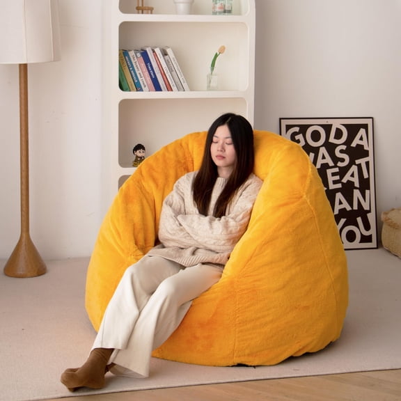 YANTONG Large Shell Bean Bag Chair, Adult Size Bean Bag Sack, Foam Filling, Includes Removable and Machine Washable Cover, 40in, Soft Faux Fur, Yellow