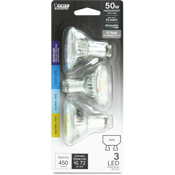 YANTONG MR16 LED Reflector Light Bulb, 50W Equivalent, Dimmable, GU10 Base, 90+ CRI, 450 Lumen, Adjustable Color Temperature Track Lighting, 25,000-Hour Lifespan, BPMR16GU10503CCTCA/3, 3-Pack