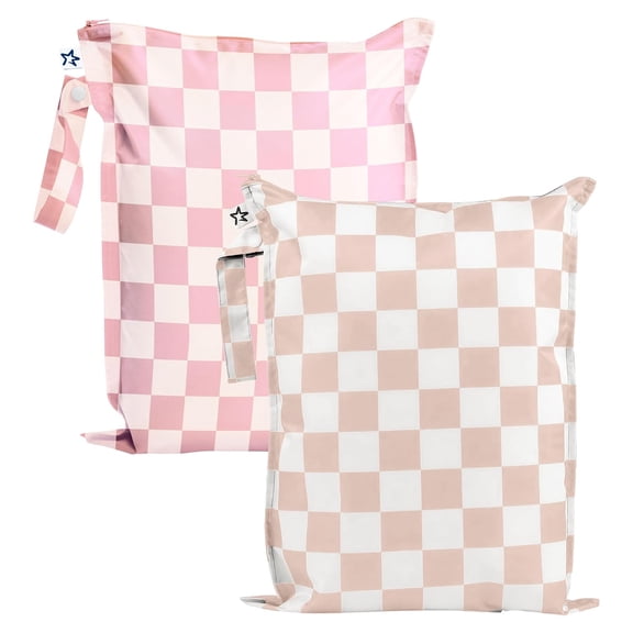 YANTONG Mess Proof Wet Bags | 2-Pack Reusable Waterproof Wet Bags for Swimsuits | Baby Clothes | Travel & Diaper Bag (Pink, Brown Checkers)