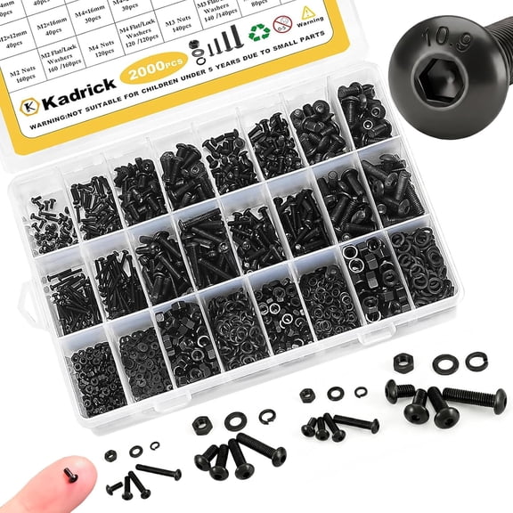 YANTONG Metric Screw Assortment, 2000PCS Metric Bolt Assortment Kit M2 M3 M4 M5 Machine Screws with Lock & Flat Washers, Grade 10.9 Alloy Steel Hex Socket Button Head Black Screws Nuts and Bolts Kit