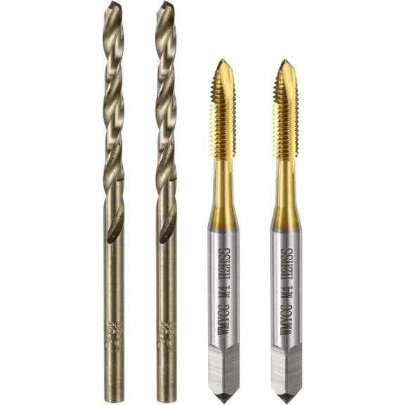 YANTONG Metric Tap & Drill Bit Set, 2pcs M4 x 0.7 Spiral Point Thread Taps Titanium Coated and 2pcs 3.3mm Twist Drill Bits Roasted Yellow, Screw Tapping Threading Tools