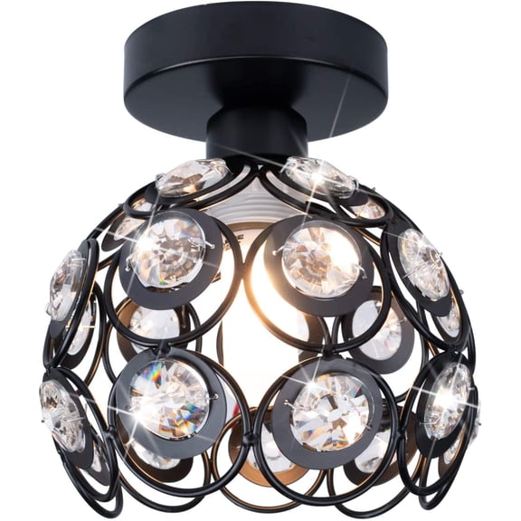 YANTONG Modern Chandelier Crystal Ceiling Hallway Light, Mini Semi Flush Mount Ceiling Light Fixture Mini Chandelier, Antique Black Metal Crystal Chandelier Lamp Entryway Bedroom Bathroom Kitchen
