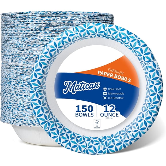 YANTONG Paper Bowls 12 oz, 150-Count Disposable Bowls, Heavy Duty Soak-Proof and Microwave-Safe Paper Bowls with Infinity Petal Design, Great for Soup, Salad, Snacks, and Party Use
