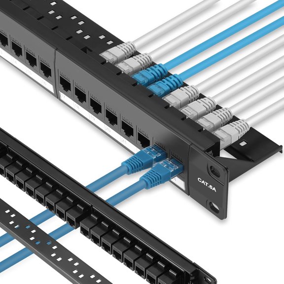 YANTONG Patch Panel 24 Port Cat6A with Inline Keystone 10G Support, Pass-Thru Coupler UTP 19-Inch with Removable Back Bar, 1U Network Patch Panel for Cat6a,Cat6, Cat5e, Cat5 Cabling