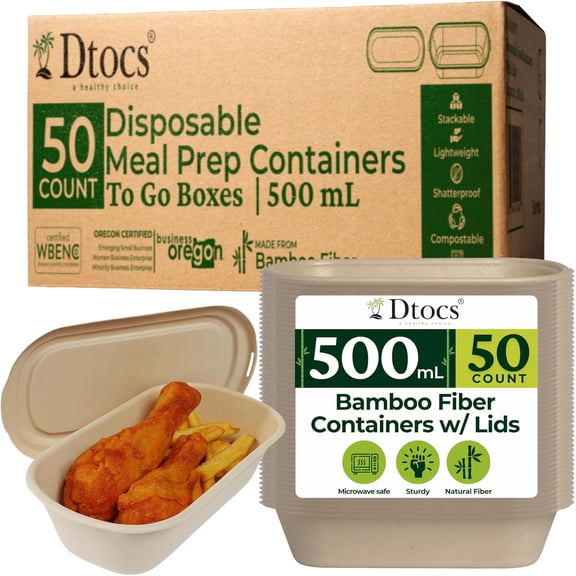 YANTONG Premium Disposable Meal Prep Containers with Lids (Pack of 50), 500 mL (17oz) | Heavy Duty Bamboo Fiber To Go Food Containers  Leak Resistant, Microwave & Freezer Safe