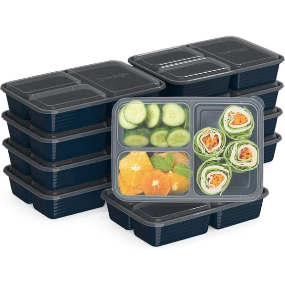 YANTONG Prep - 20-Piece 3-Compartment Reusable Meal Prep Containers with Lids, PFAS & BPA Free Materials, Durable, Microwave, Freezer, & Dishwasher Safe To Go Food Storage (Navy Blue)