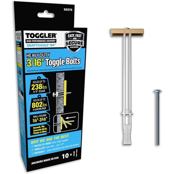 YANTONG SNAPTOGGLE Heavy-Duty Drywall Toggle Bolt  3/16"-24 UNC Zinc-Plated Anchor for Hollow Walls, Plaster & Tile  Holds 238 lbs in 1/2" Drywall, Easy Install  10 Pack (with Bolts)