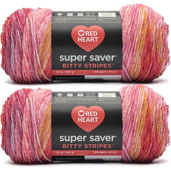 YANTONG Super Saver Bitty Stripes Pink Lemonade Yarn - 2 Pack of 10oz/283g - 100% Acrylic - #4 Worsted (Medium) - 515 Yards - Knitting/Crochet