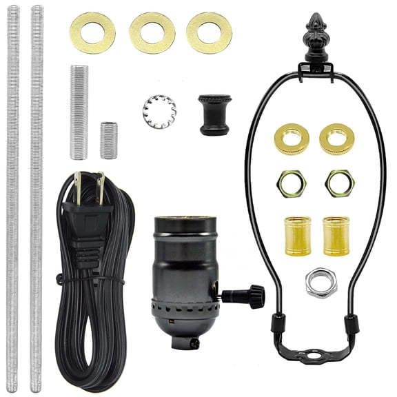 YANTONG Table Lamp Wiring Kit with 8 Inch Harp, 3-Way Socket 2 Pieces 12" Lamp Pipe, with Instructions for DIY Lamp Design or Repair (Black)