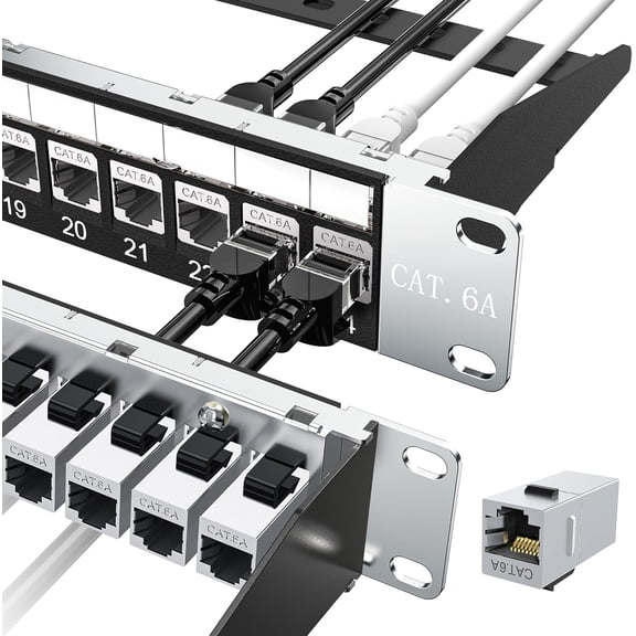YANTONG [UL Listed] 24-Port Shielded Cat6A Patch Panel, 19 1U Rackmount/Wall Mount Feed-Through RJ45 Panel with 24 Preloaded Shielded Keystone Couplers + 1 Spare, Up to 10Gbps, Cable Management Bar