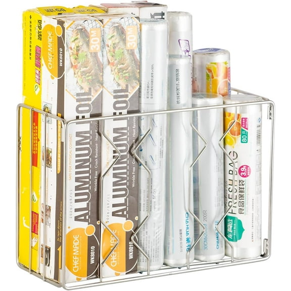 YANTONG Wall Mount Kitchen Wrap Organizer Rack, Cabinet Storage Basket, Aluminum Foil Rack, Mounts to Solid Cabinet Doors or Walls, Tall Basket Door Mount Cabinet Organizer