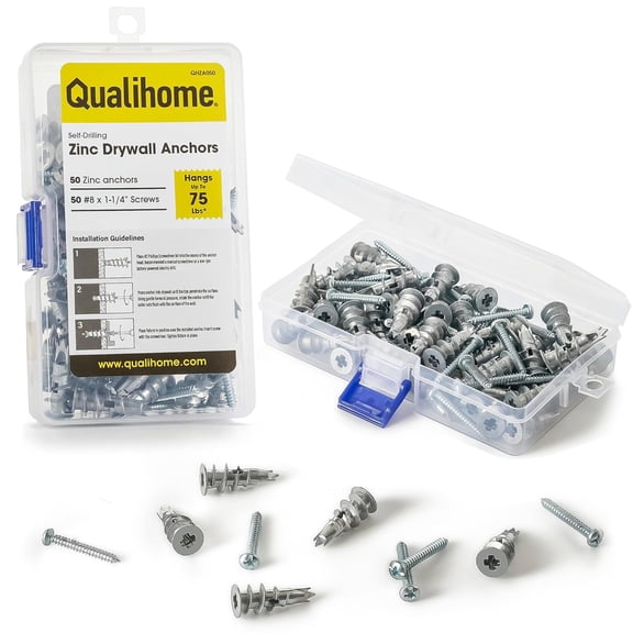 YANTONG Zinc Self Drilling Drywall Anchor Hollow Wall Anchor Kit with Screws - Metal Self Drilling Drywall Anchors with Wide Screw Fins - #8 Zinc Drywall Anchors Heavy Duty - 50 Pack - 75 Lbs