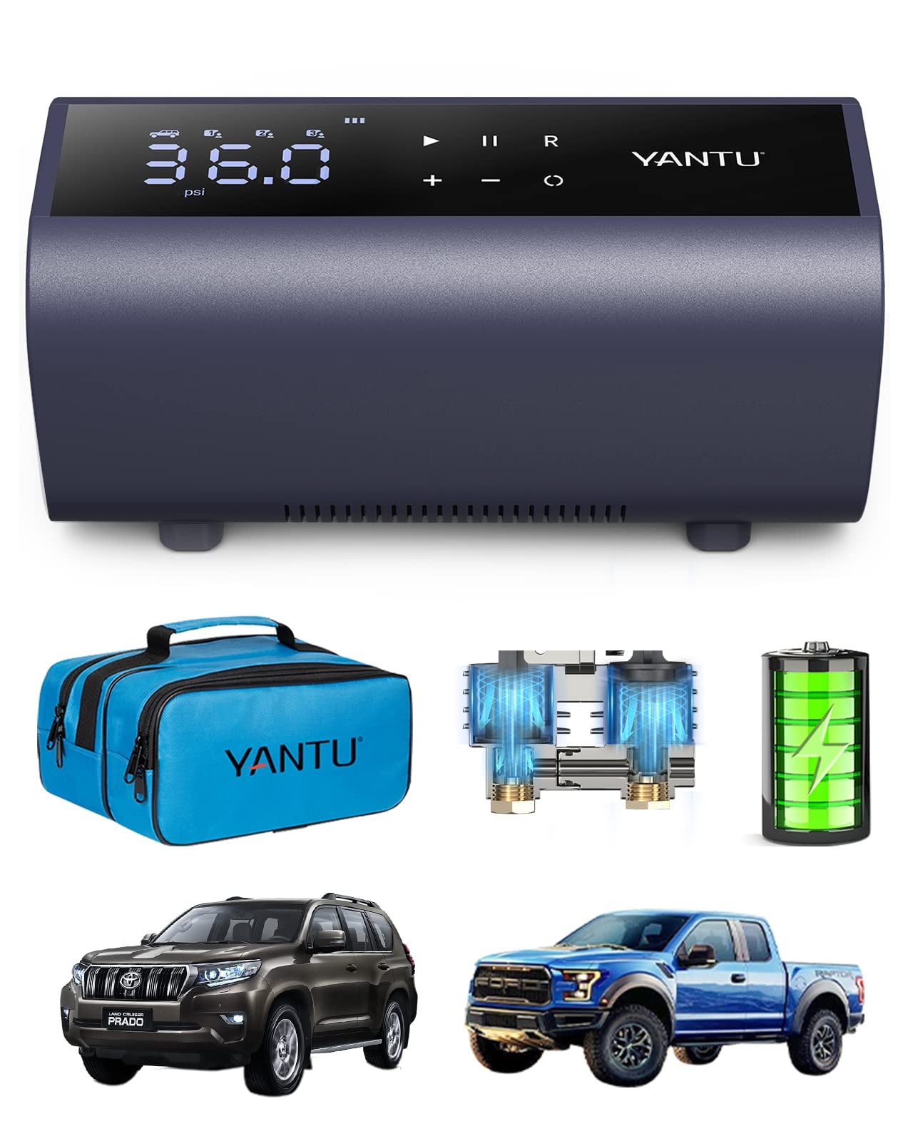 YANTU Cordless Tire Inflator Tire Pump Battery Powered, Dual Cylinder 2X Inflation,tire pressure gauge with 8.3Inch Digital Screen Portable Air Compressor Air Pump For Car Tires、