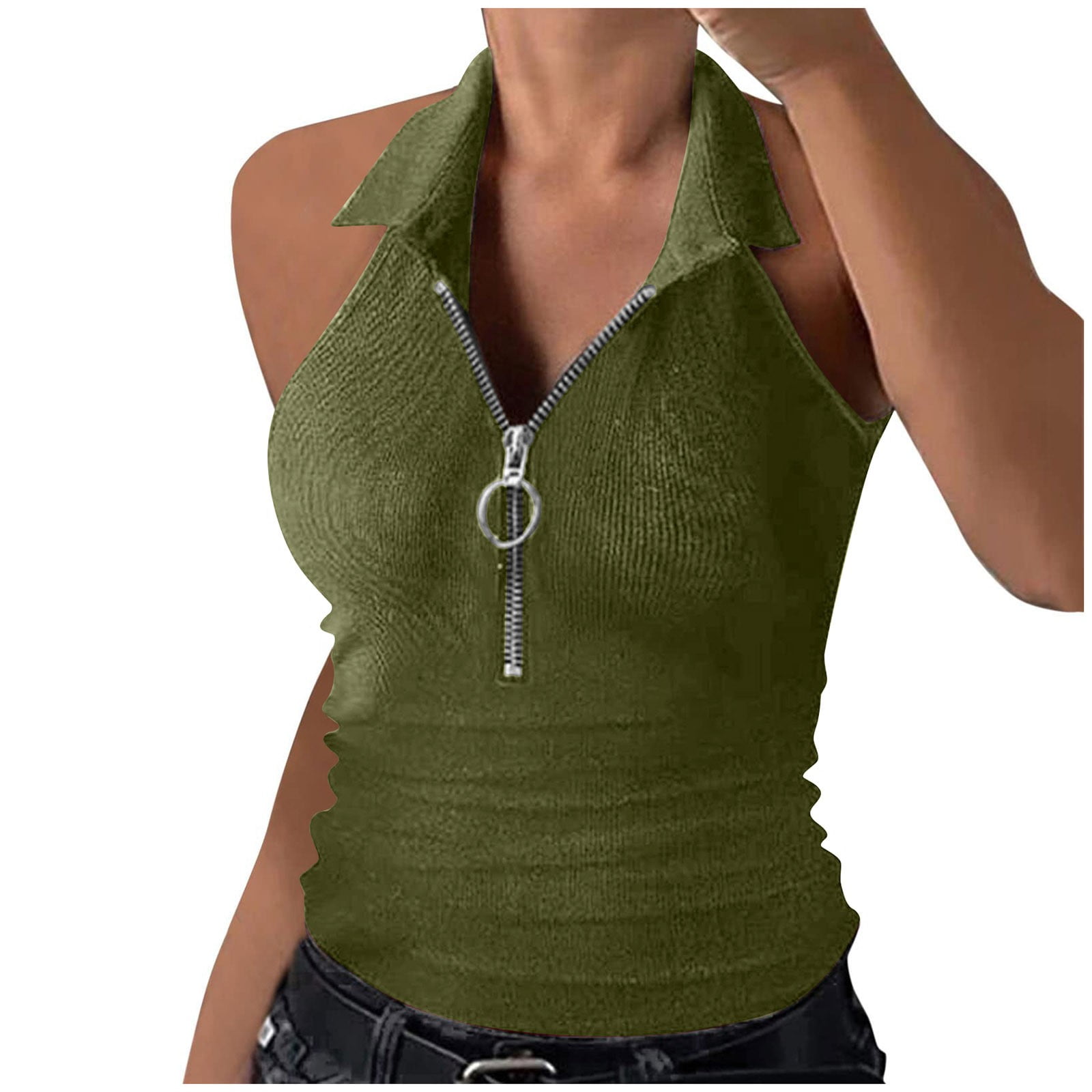 YANXIAO Women's Halter Vest Collared Summer Tank Top Ribbed Half Zipper women  tops Green XXXXXL 
