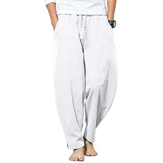 YAOBAOLE Men's Cotton Baggy Pant Stretch Waist Loose Fit Linen Yoga Beach Pants White 3XL