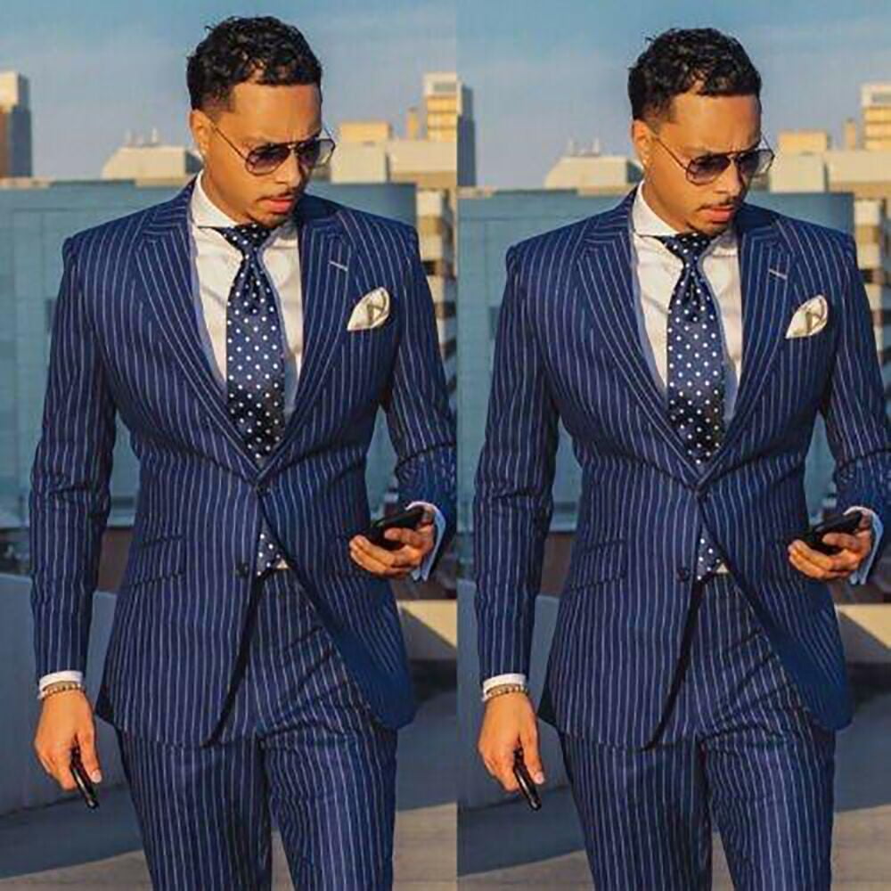 Free Shipping Navy Blue Striped Mens Tuxedos Groom Business Party Wedding Suits 2 Pieces USA Size 48 Walmart