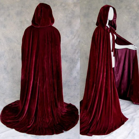 YAOLAN Velvet Christmas Hooded Cape Cosplay Costume Halloween Cape Full Length Burgundy Size L