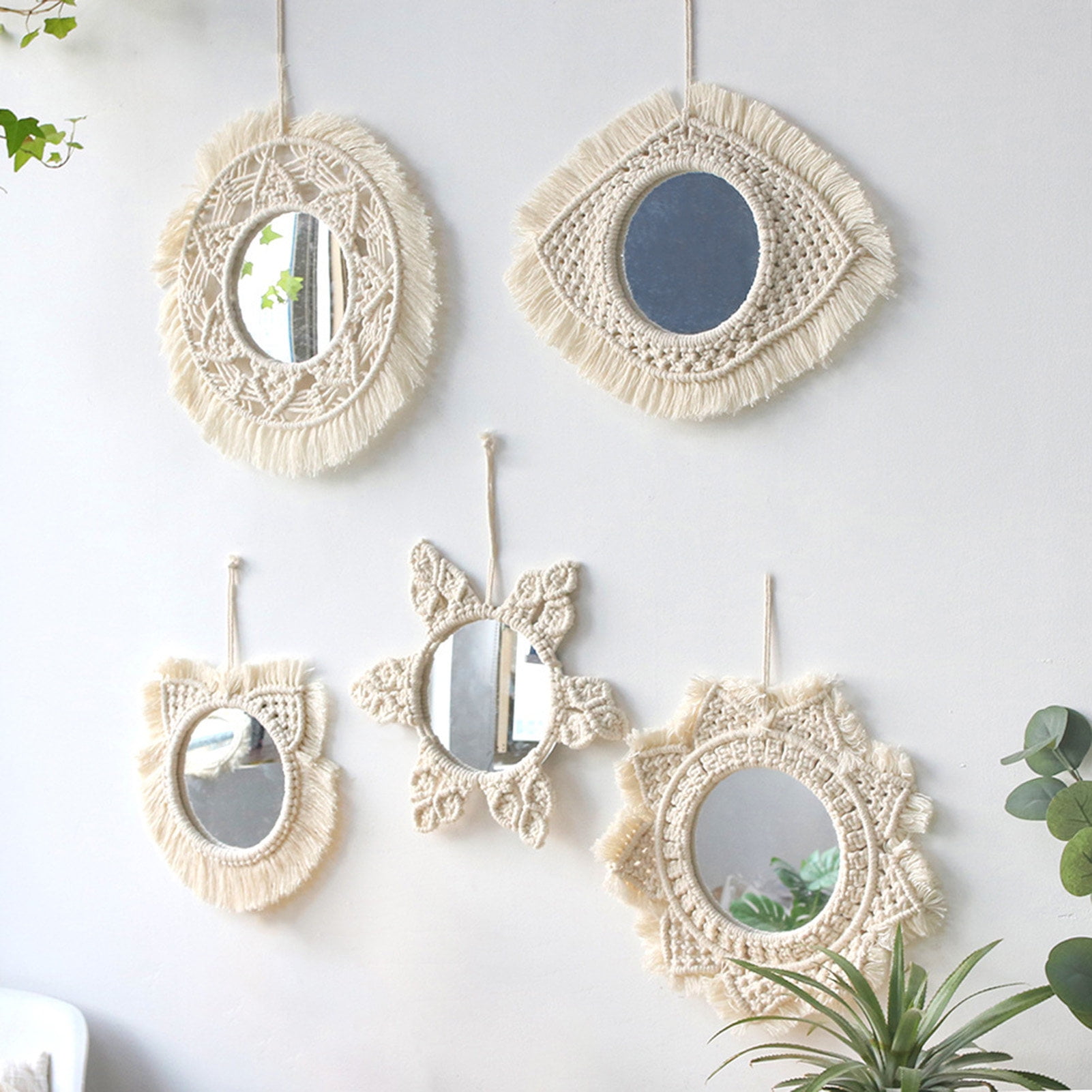 YAOMOBB Decorative Mirror Boho Macrame Wall Mirror Round Aesthetic Decor with Tassels for INS ...