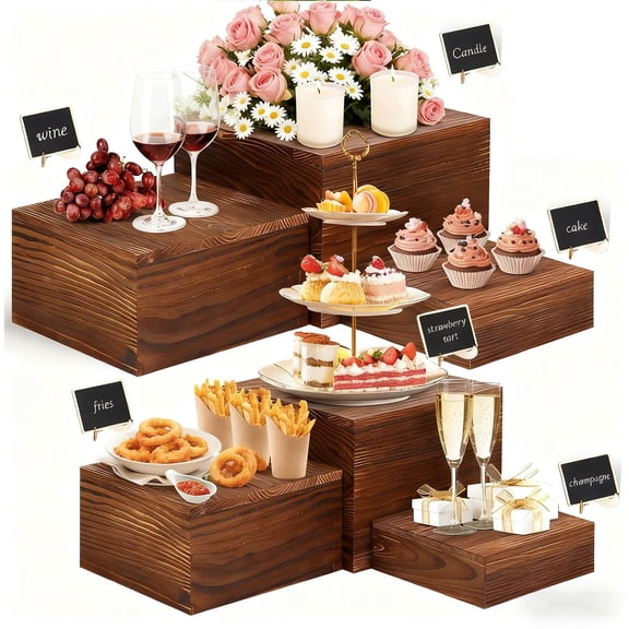 YAOYAO LAND 6 Pack Wooden Risers Display Stands, Rustic Wood Cake Stands & Cupcake Stands for Party, Square Food Risers for Buffet Table, Wood Crates for Home Decor, Wedding, Birthday (Brown, 6 Pack)
