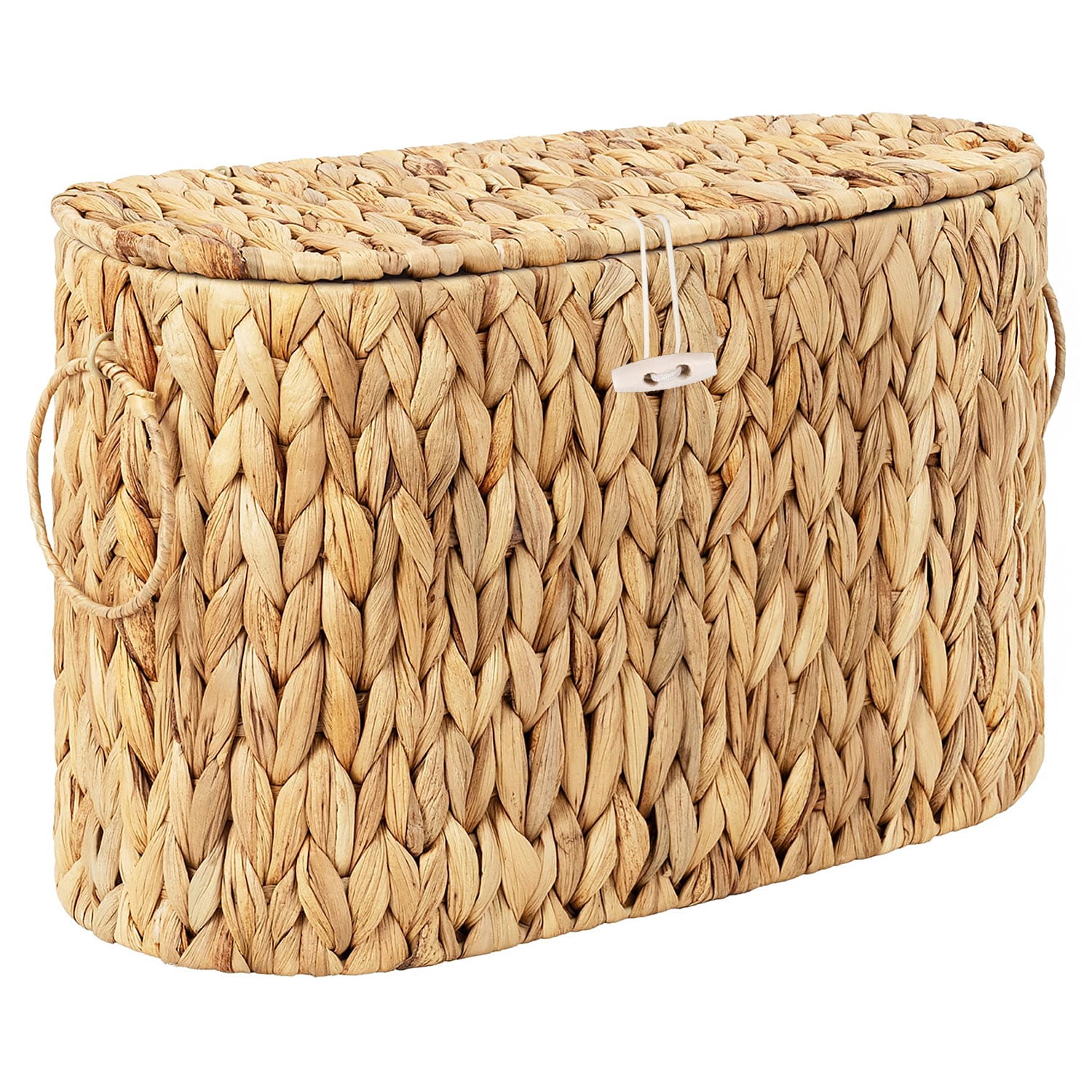 YAOYAO LAND Toilet Paper Storage Basket with Lid, Water Hyacinth Slim Toilet Paper Holder - Holds Up to 6 Mega Rolls, Wicker Basket for Bathroom Organization, Natural
