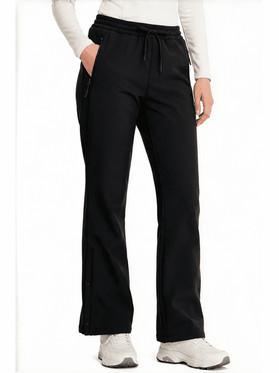 Women's Fleece Lined Hiking Pants, Stretch Softshell Bootcut Pants with Zipper Pockets for Winter