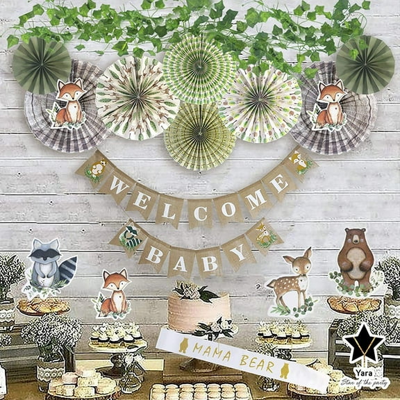 YARA Woodland Baby Shower Decorations For Boy & Girl Gender Neutral Forest Animal Decor for Showers & Birthdays | Party Kit with Rustic Burlap Welcome Baby Banner, Creature Cut Outs & Fans, Ivy Garlan
