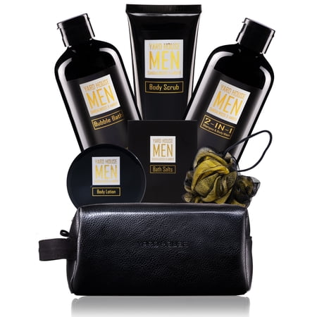 YARD HOUSE Bath and Body Spa Gifts Baskets Set for Men - 7Pcs Men’s Spa Kit in Sandalwood and Amber