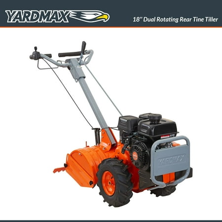 YARDMAX 18 in. Gas OHV Engine Rear Tine Tiller with Dual Rotating Tilling