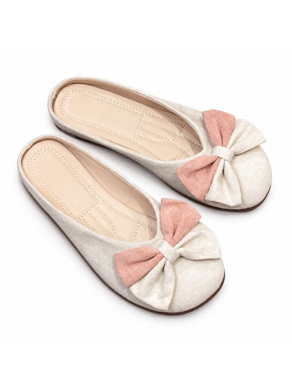 Women's Bow Mule Flats, Closed-Toe Backless Slip-On Shoes with Two-Tone Bows