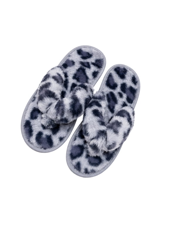 Women’s Plush Leopard Print Slippers, Fuzzy Open Toe Slip-On Sandals, Sizes 5-13