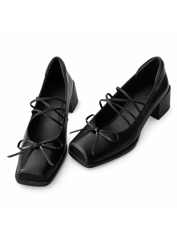 Women's Square Toe Mary Jane Pumps with Bow and Crisscross Straps, Low Block Heel Shoes, Black