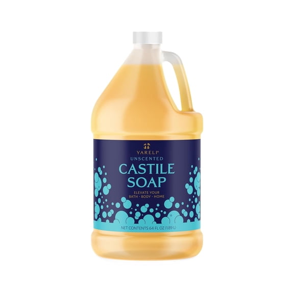 YARELI Pure Castile Liquid Soap, Unscented, for Bath, Body and Home, Made with Organic Oils, 64oz, for Adults, Kids and Babies
