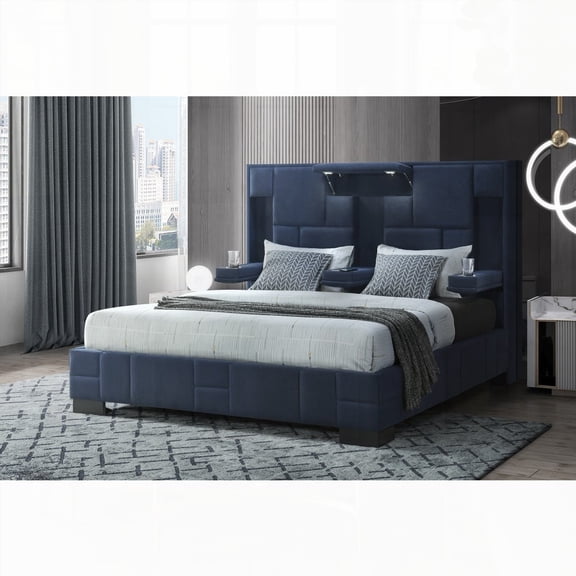 YARIS QUEEN BED IN NAVY BLUE WITH CONTEMPORARY STYLE AND FOLD-DOWN ARMRESTS