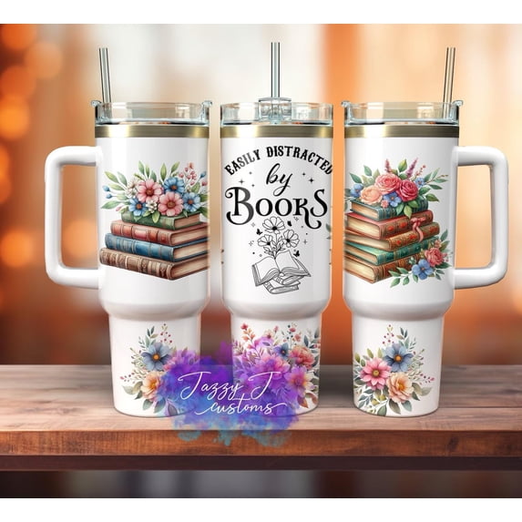 YARNIX Easily destracted by books 40oz Quencher tumbler, White - Clear lid
