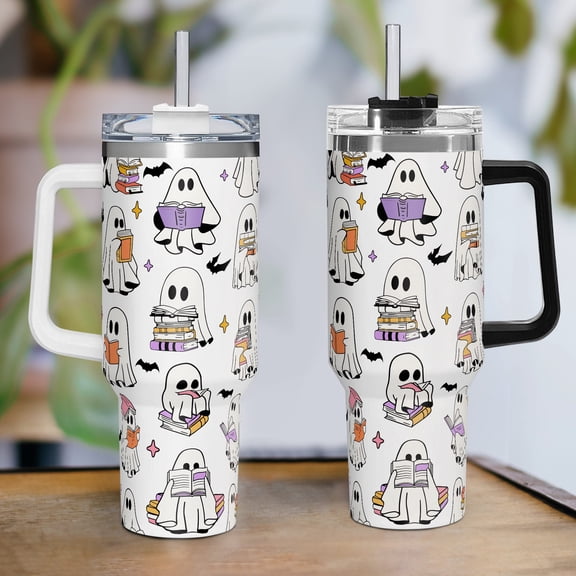 YARNIX Funny Halloween Ghost Tumbler with Handle and Straw - Cute Spooky 40oz Bottle for Ghost Reading Theme, Black - Opaque lid