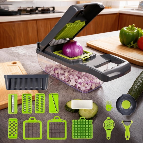 YARRAMATE 16-in-1 Mandoline Slicer, Multifunctional Vegetable Chopper with Container, Food Processor for Onion, Cheese Grater, Potato Shredder, Kitchen Gadgets & Essentials